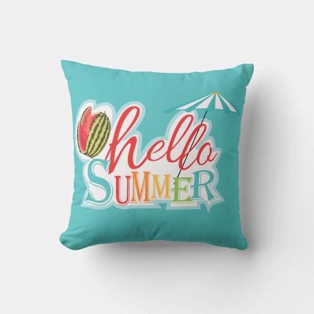 Fun Hello Summer Ocean Beach Theme Blue  Throw Pillow (Front)