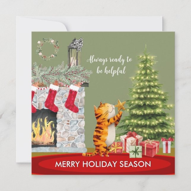 Fun Helpful Cat with Christmas Tree Card (Front)