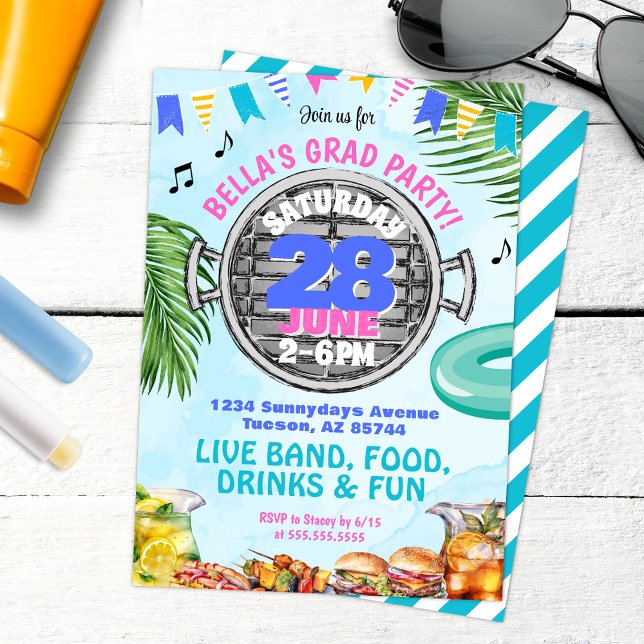 Fun High School College BBQ Pool Grad Party Invitation (Tropical Luau Barbeque Grad Party Pool Party Invitation for High School or College)