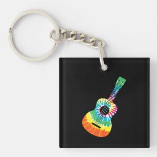Fun Hippie Rainbow Tie Dye Acoustic Guitar Premium Keychain