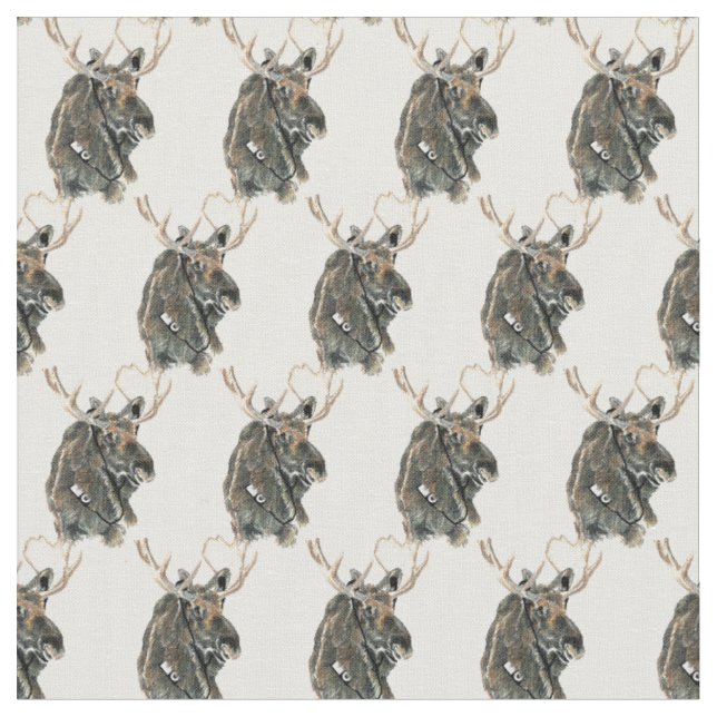 Fun Hipster Cool Moose with Tunes Bird Art Fabric (Close Up)