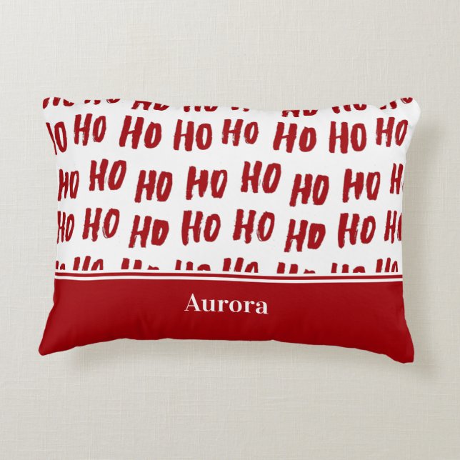 Fun Ho Ho Ho Text Red Holiday Pattern Christmas Accent Pillow (Back)