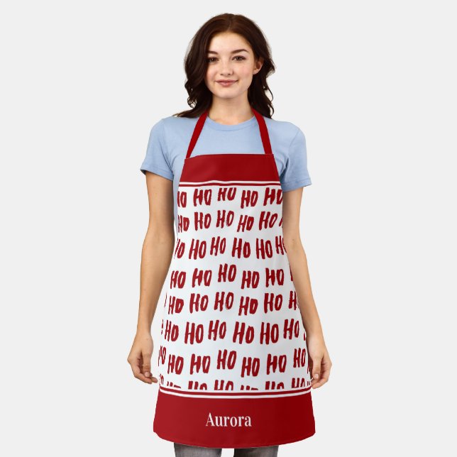 Fun Ho Ho Ho Text Red Holiday Pattern Christmas Apron (Worn)