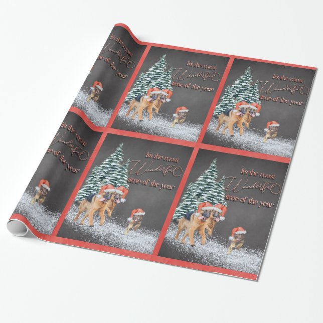 Fun Holiday German Shepherds with  Santa Hats Wrapping Paper (Unrolled)