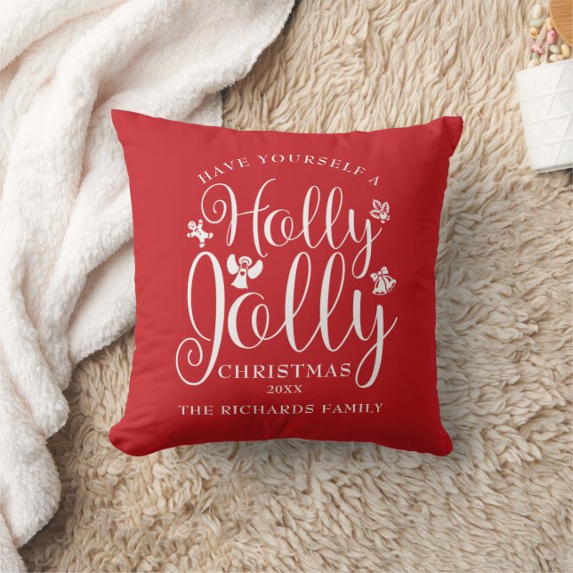 Fun Holly Jolly Christmas Holidays Family Name Throw Pillow (Blanket)