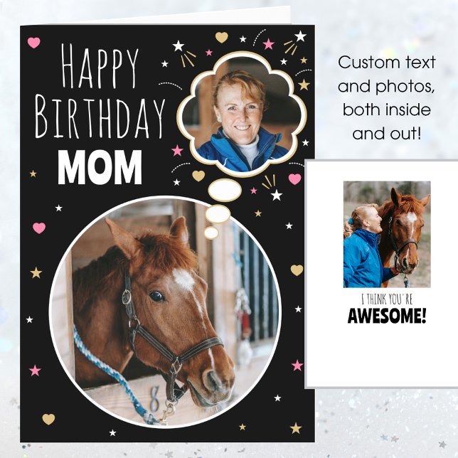 Fun Horse Mom Birthday Custom Photo Black Pink Card (Creator Uploaded)