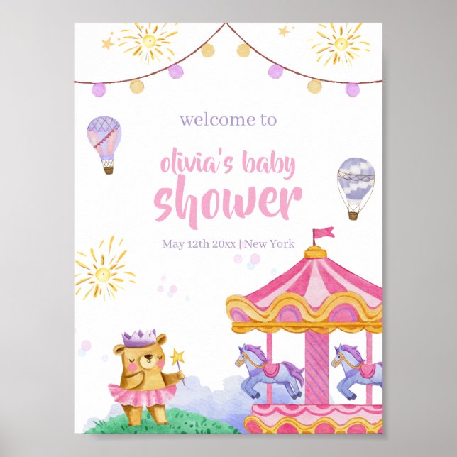Fun Hot Air Balloon Carousel Baby Shower Welcome Poster (Front)