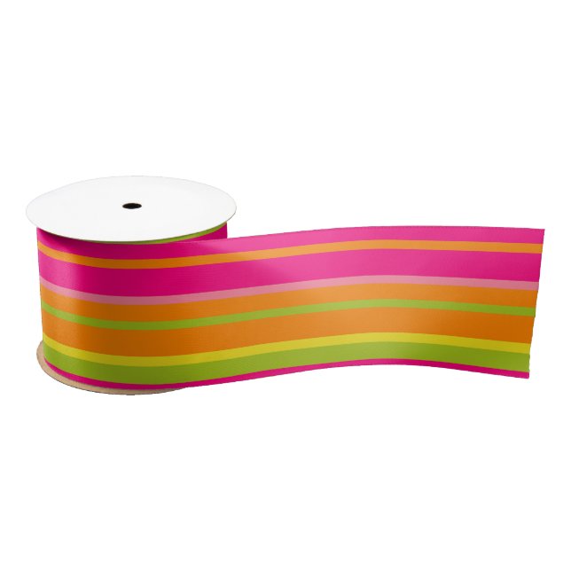 Fun Hot Pink, Lime Green and Deep Orange Stripes Satin Ribbon (Spool)