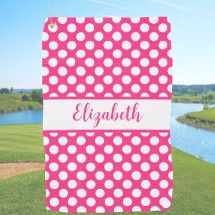 Fun Hot Pink polka dots custom name ladies Golf Towel