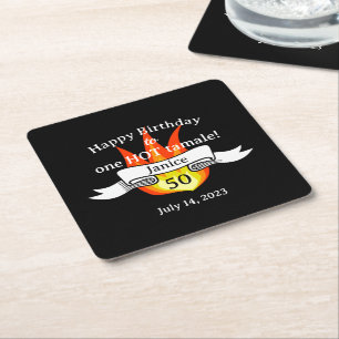 Fun 'Hot Tamale' 50th Birthday Funny Personalized Square Paper Coaster