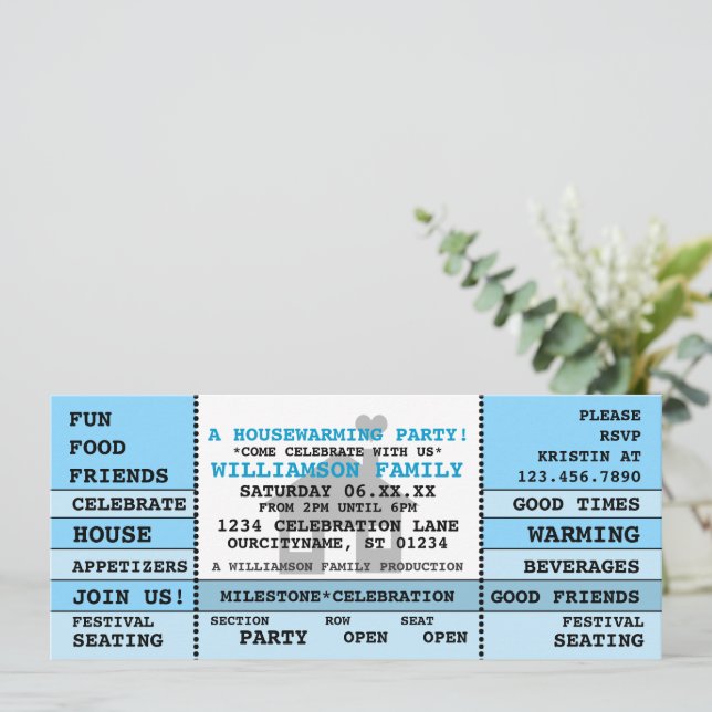 Fun Housewarming Ticket Style Invitation (Standing Front)