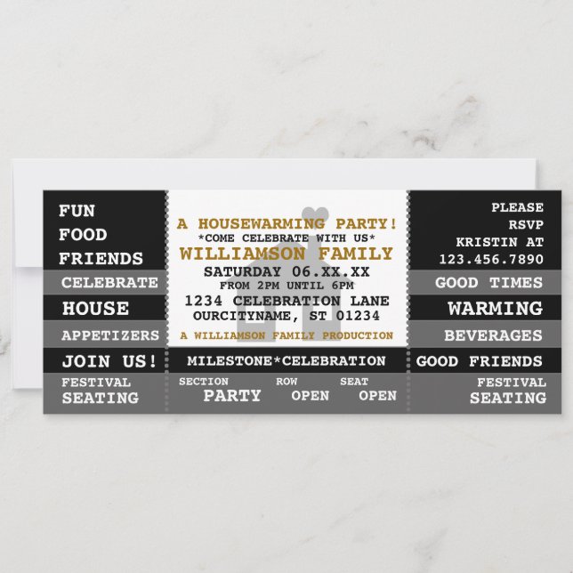 Fun Housewarming Ticket Style Invitation (Front)
