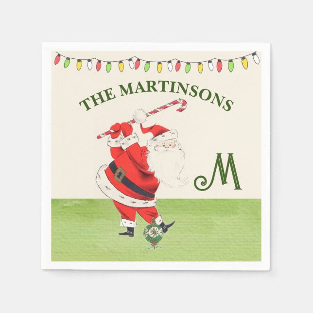 Fun Humour Retro Santa Plays Golf Monogram Name  Napkin (Front)