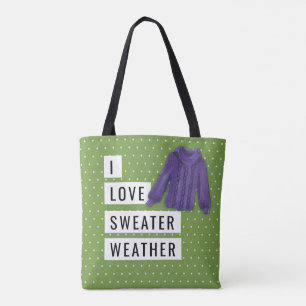 Fun I Love Sweater Weather White Polka Dots Green Tote Bag