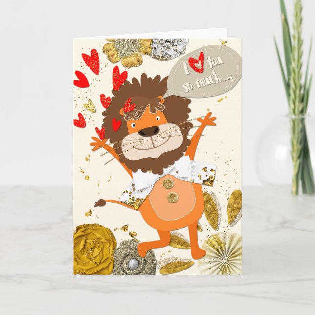 Fun I Love You - Cartoon Lion and Hearts Card (Front)