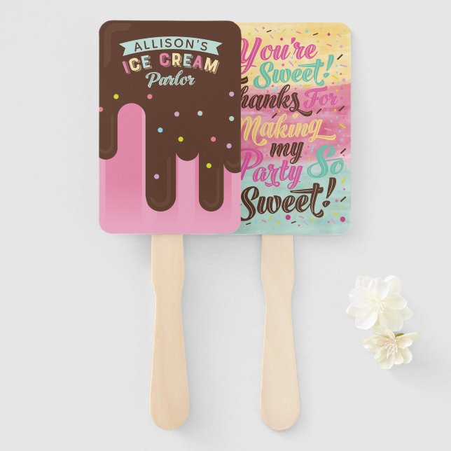 Fun Ice Cream Pink Popsicle Treat Birthday Party Hand Fan (Front and Back)