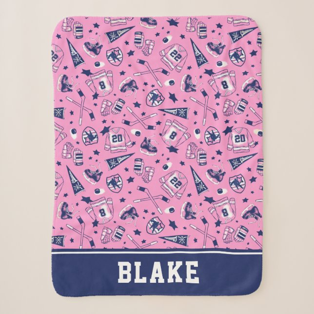 Fun Ice Hockey Gear Pink Navy and White Print Sherpa Blanket (Front)