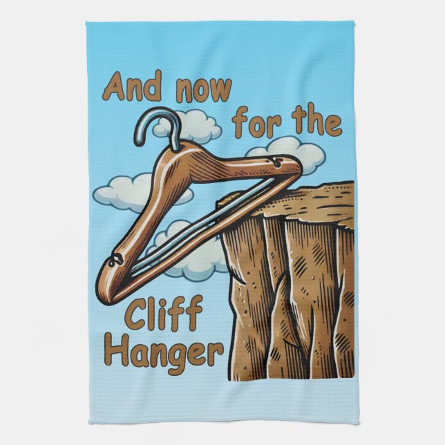 Fun Image of Cliff Hanger with Playful Wordplay Kitchen Towel (Vertical)