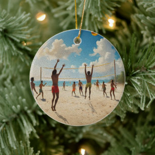 Fun In The Sun Beach Volleyball Oil Paint, Ceramic Ornament