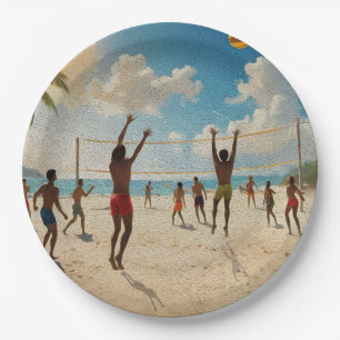 Fun In The Sun Beach Volleyball Oil Paint, Paper Plate