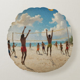 Fun In The Sun Beach Volleyball Oil Paint, Round Pillow