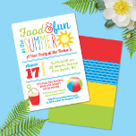 Fun in the Sun Colourful Summer Pool Party Invitation<br><div class="desc">This summer party design features bright primary colours of red, blue, yellow and green accented with waves, a sun, a sand pail and shovel and a beach ball. Click the customize button for more flexibility in adjusting the text! Variations of this design as well as coordinating products are available in...</div>