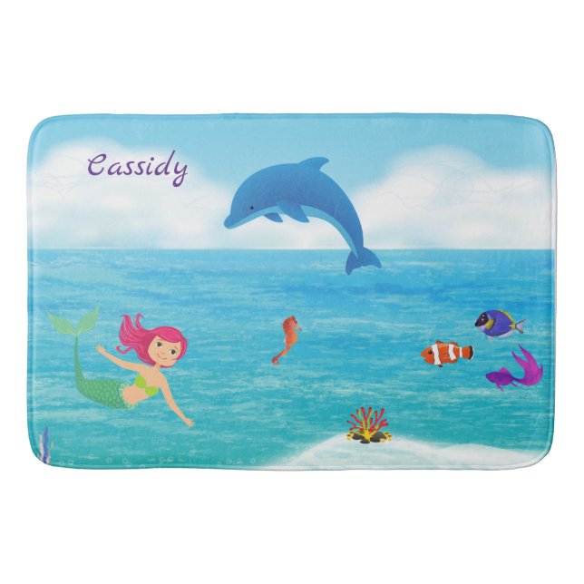 Fun in the Sun Mermaid Dolphin Beach Personalized Bath Mat (Front)