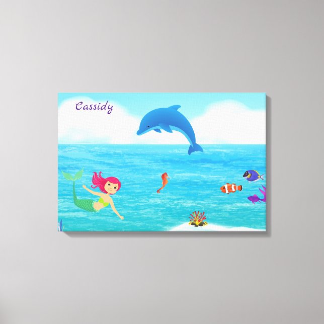 Fun in the Sun Mermaid Dolphin Beach Personalized Canvas Print (Front)