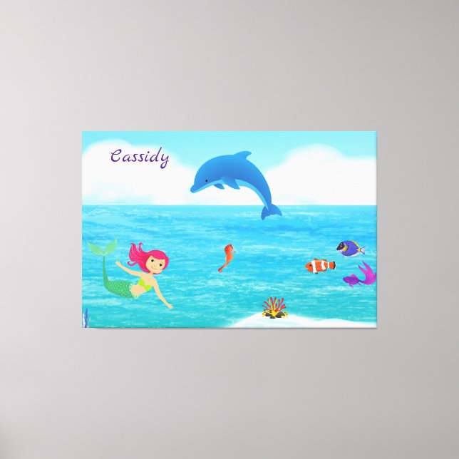 Fun in the Sun Mermaid Dolphin Beach Personalized Canvas Print (Front)