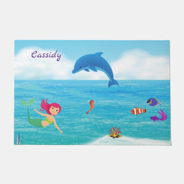 Fun in the Sun Mermaid Dolphin Beach Personalized Doormat (Front)
