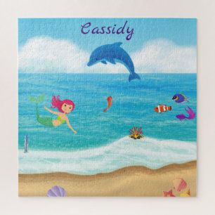 Fun in the Sun Mermaid Dolphin Beach Personalized Jigsaw Puzzle