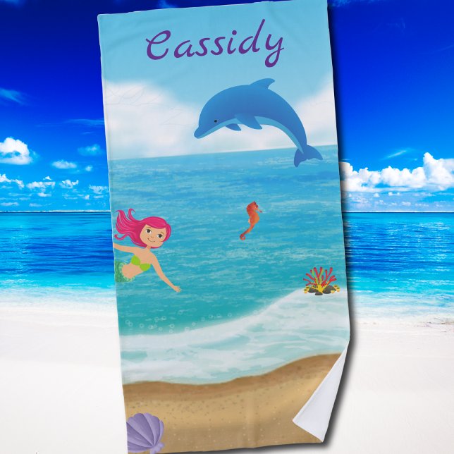 Fun in the Sun Mermaid Dolphin Beach Personalized Towel (Fun in the Sun Mermaid Dolphin Beach Personalized Beach Towel)