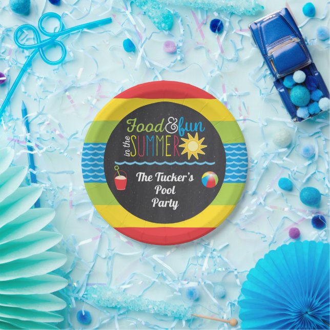 Fun in the Sun Pool Party Colourful Chalkboard Paper Plate (Party)