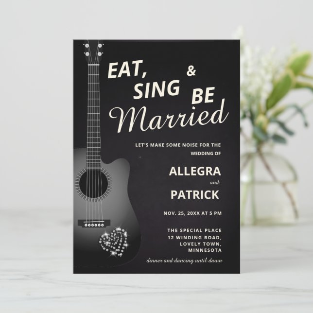 Fun Informal Guitar Diamonds Black Photo Wedding Invitation (Standing Front)
