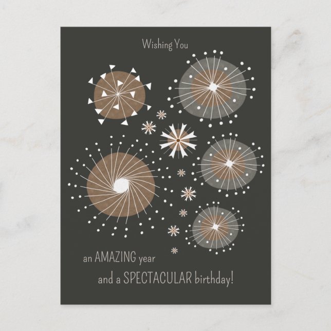 Fun inventive hand-drawn fireworks CC1105 Birthday Postcard (Front)