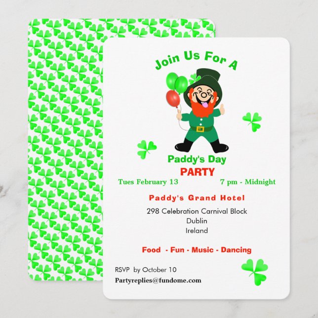 Fun Irish Celebration Leprechaun Party Invite (Front/Back)