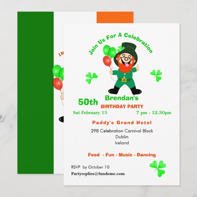 Fun Irish Leprechaun Birthday Party Invite (Front/Back)