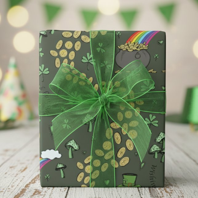 Fun Irish St Patricks Day Leprechaun Shamrock Luck Wrapping Paper (Dark Green St Patrick's Day Wrapping Paper. Fun Irish Green Shamrocks, Rainbow, Lucky Coins Pattern)