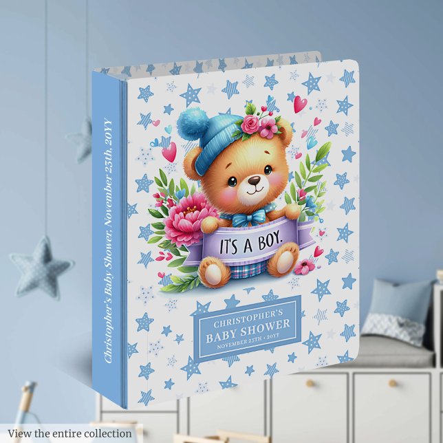 Fun It’s a boy baby shower binder with custom name (Personalized teddy bear guest book, a timeless “It’s a boy” keepsake.)