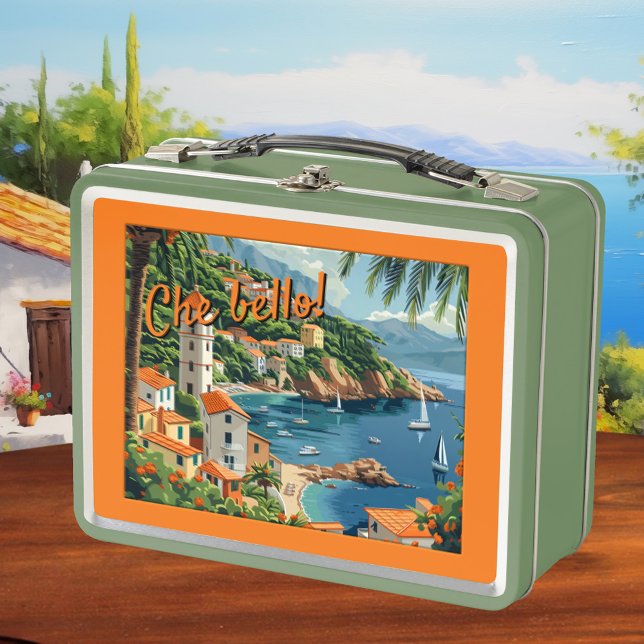 Fun Italian Coast Illustrated Retro Metal Lunch Box (Lunch box featuring a colorful illustration of the Italian coast.)