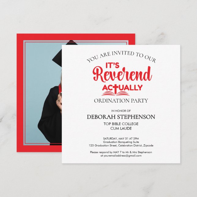 Fun IT'S REVEREND ACTUALLY Ordination Party Invitation (Front/Back)