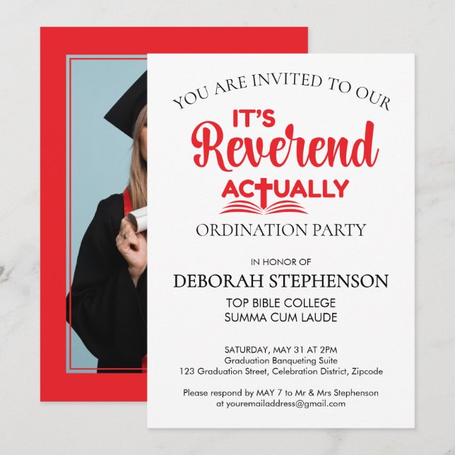 Fun IT'S REVEREND ACTUALLY Ordination Party Invitation (Front/Back)