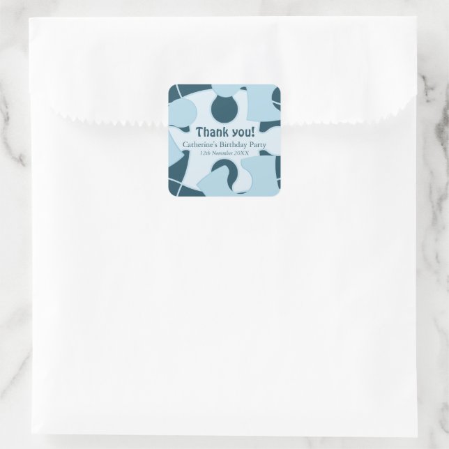 Fun Jigsaw Puzzle Birthday Party Blue Thank You!  Square Sticker (Bag)