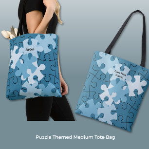 Fun Jigsaw Puzzle Custom Name & Motto Blue Tote Bag