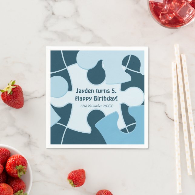 Fun Jigsaw Puzzle Kids Happy Birthday Name Blue Napkin (Insitu)