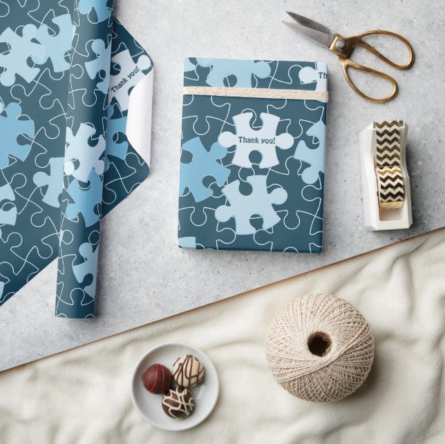Fun Jigsaw Puzzle Pieces in Blue Custom Thank You Wrapping Paper (Crafts)