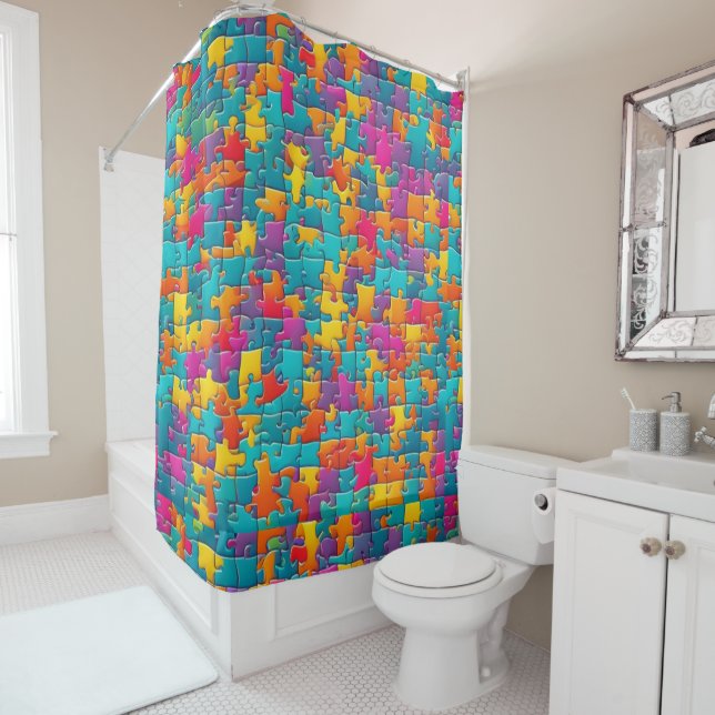 Fun, jigsaw puzzle shower curtain pinks, blues (In Situ)