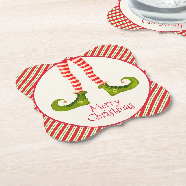 Fun Jolly Christmas Elf Legs Holiday Bracket Paper Coaster (Angled)