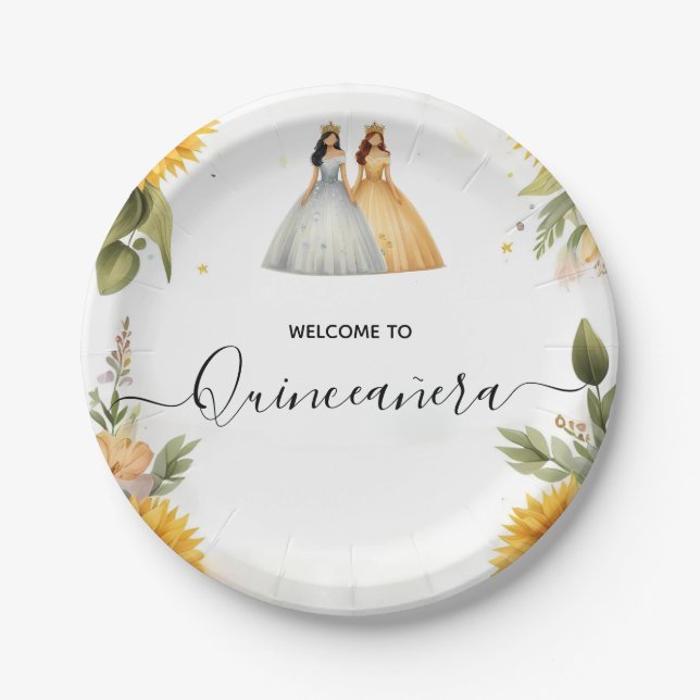 Fun Joy Lily Twin Dual Joint Double Quinceanera Paper Plate (Front)