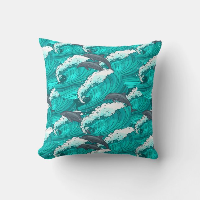 Fun Jumping Dolphin Pattern Throw Pillow (Front)